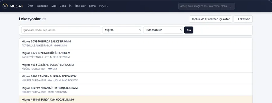 MESAİ lokasyon listesi ekranı