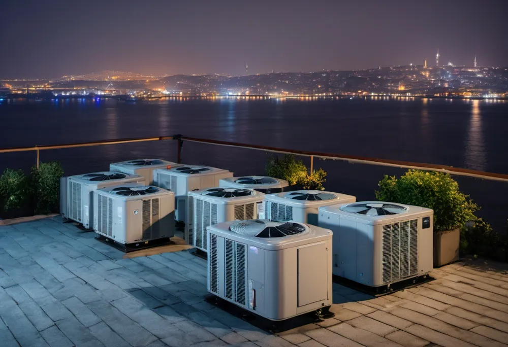 Çatıda sıralı VRV dış üniteleri, İstanbul silueti