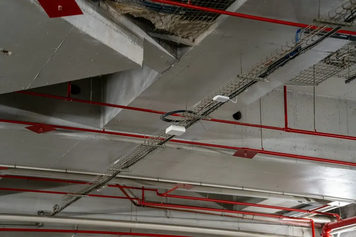 Beton tavan altında kırmızı sprinkler hattı ve sprinkler başlıkları